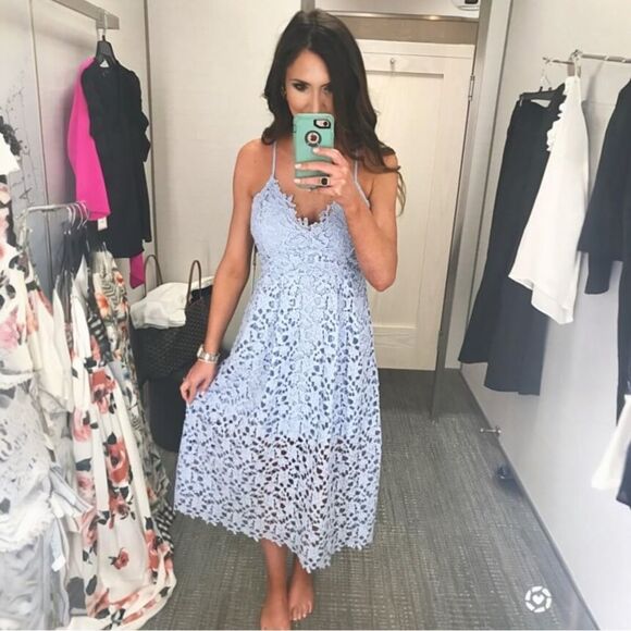 ASTR The Label Lace Overlay Blue Fit Flare Sleeveless Midi Eyelet Dress Sz M - Picture 2 of 12